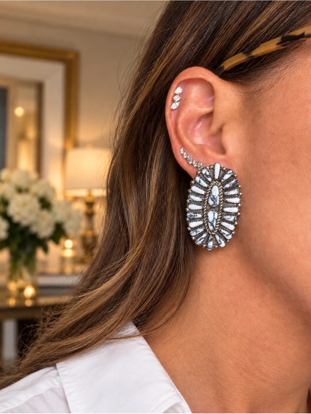 Vintage White turquoise Zuni Oval Statement Earrings White and sterling silver